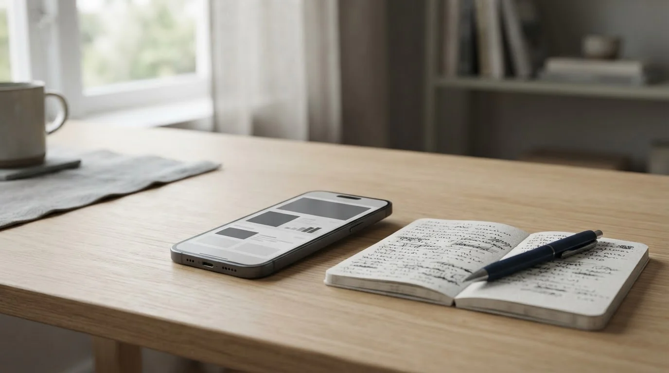 Smartphone sobre escritorio de madera junto a una libreta con anotaciones