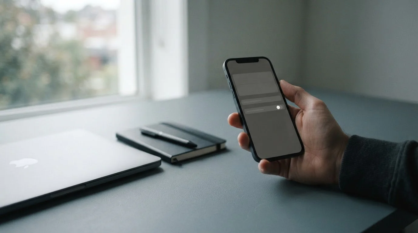 Mano sosteniendo un teléfono con pantalla neutra que sugiere una app instalada fuera de la tienda oficial
