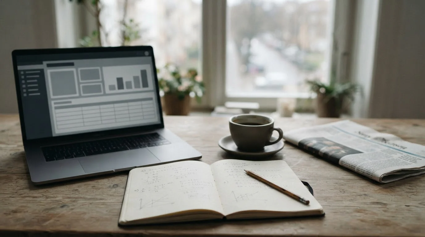 Escritorio sobrio con cuaderno de cálculos y pantalla neutra que evoca el análisis de apuestas con Bitcoin en España