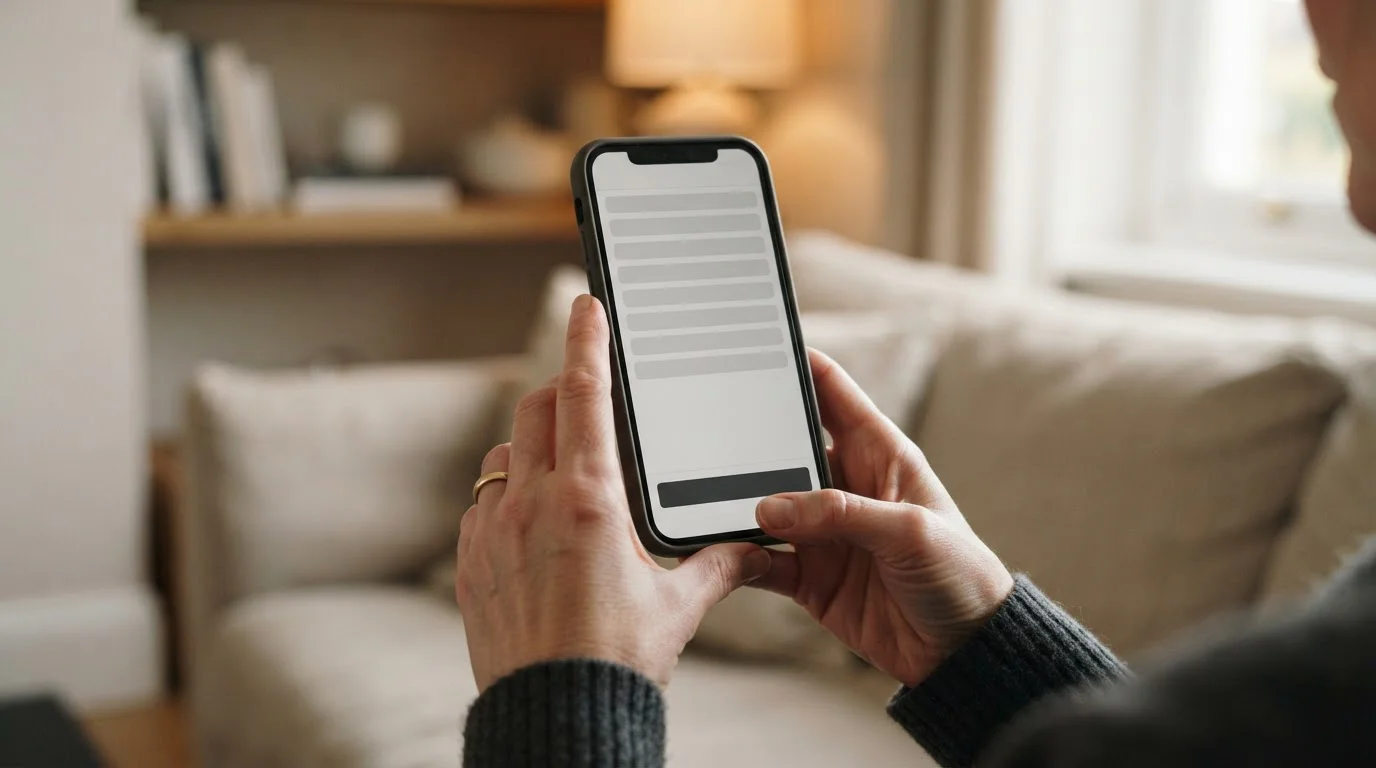 Manos sostienen un smartphone con interfaz neutra durante un pago móvil