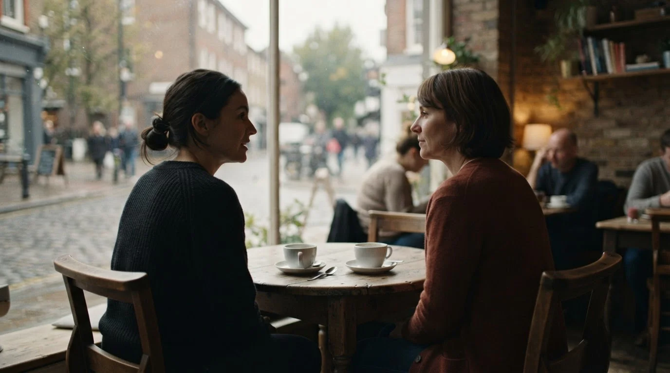 Dos personas conversando en una cafetería en un ambiente tranquilo y cotidiano
