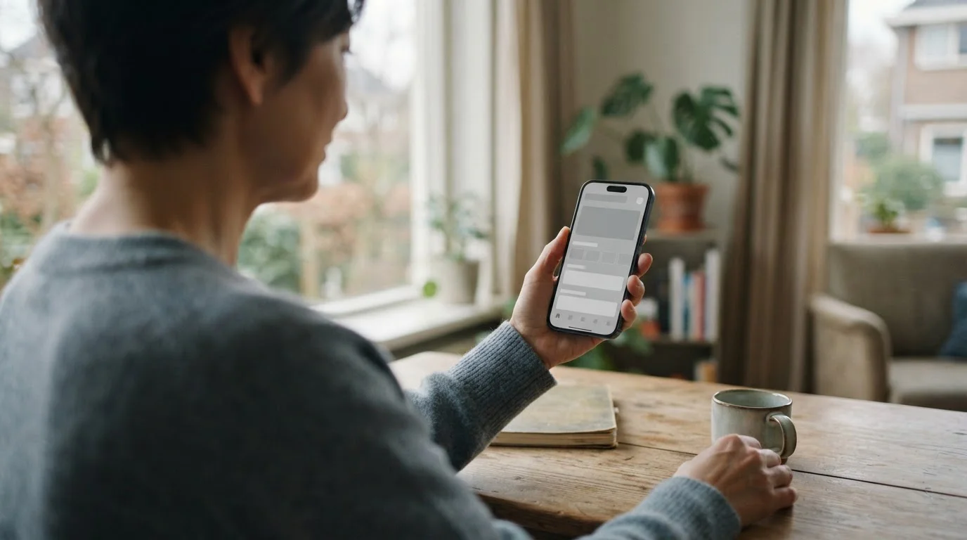 Persona consulta una app de apuestas deportivas en el móvil junto a una ventana con luz natural