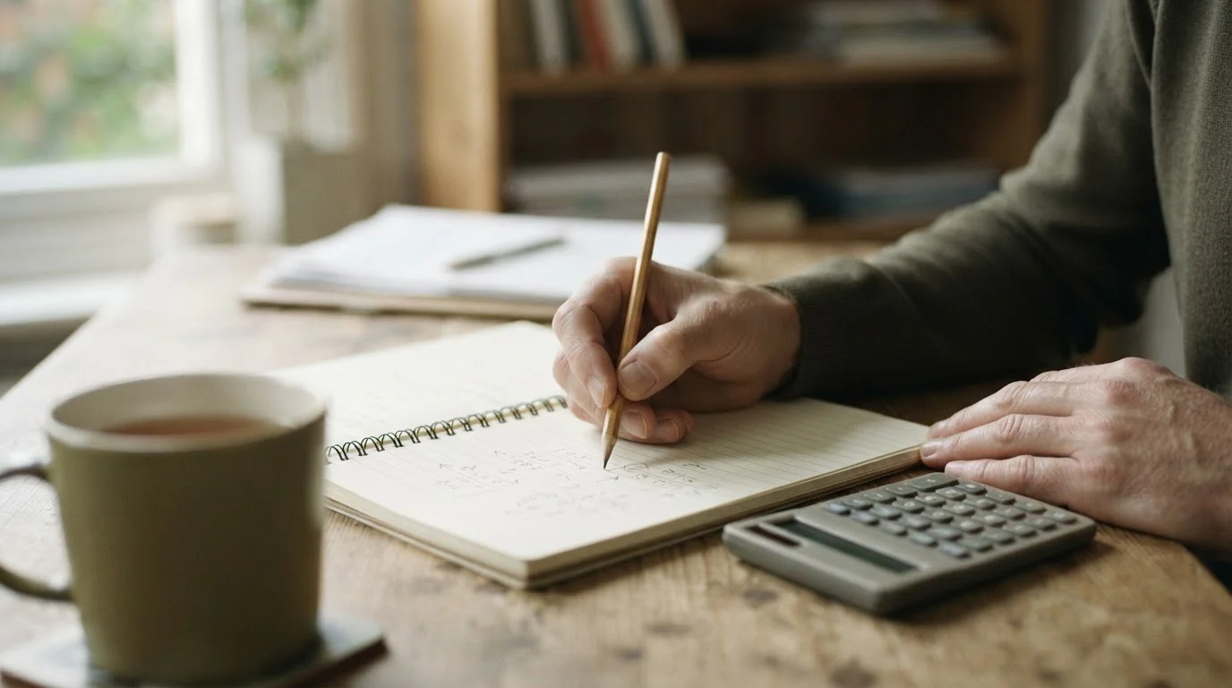Manos anotando cálculos a lápiz en un cuaderno junto a una calculadora