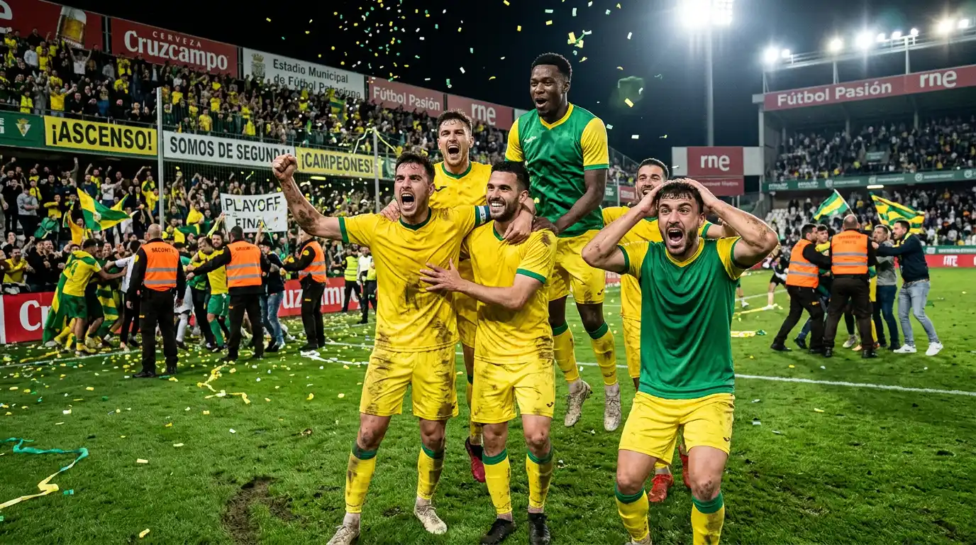 Jugadores celebrando un ascenso a la Premier League con confeti en el estadio