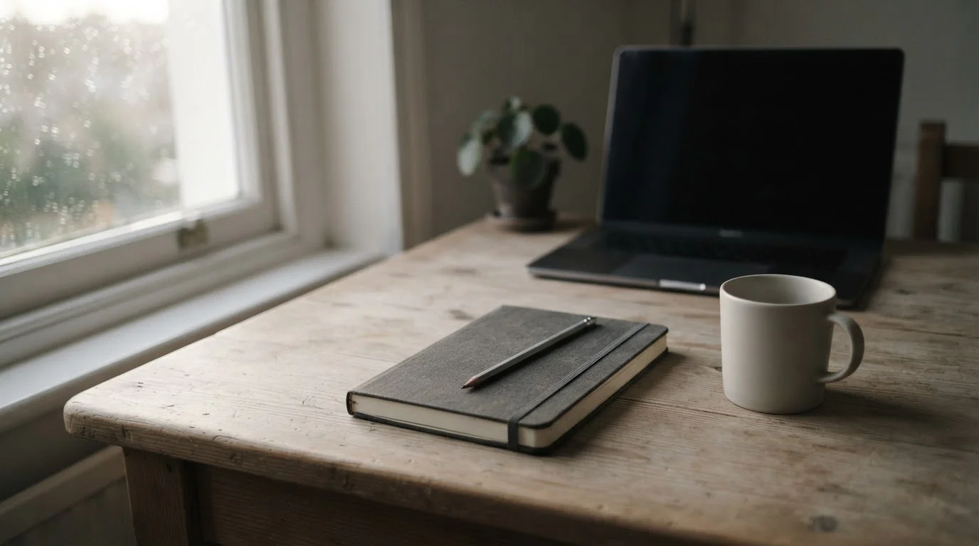 Escritorio sereno con cuaderno cerrado y taza vacía junto a una ventana