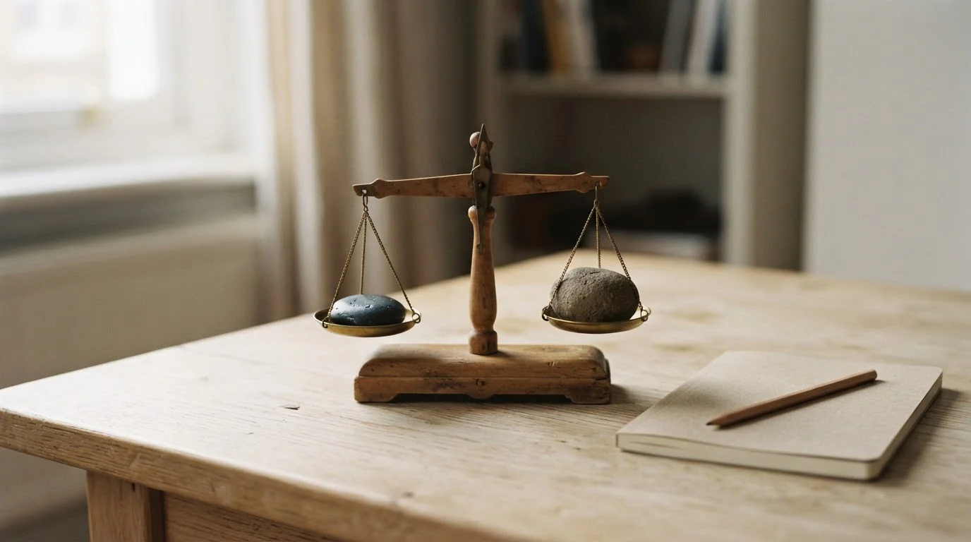 Balanza de madera equilibrada sobre una mesa clara con cuaderno al lado