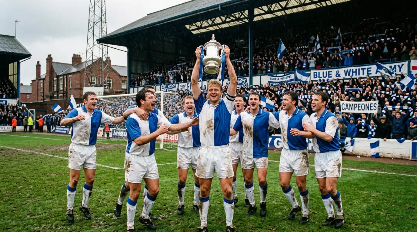 Blackburn Rovers celebrando el título de la Premier League en la temporada 1994-95 en Ewood Park