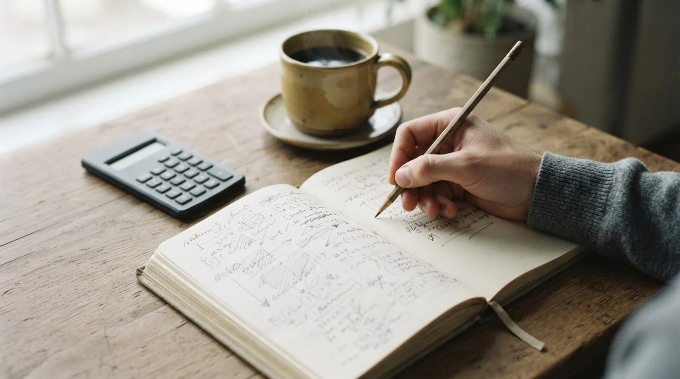 Calculadora y libreta con anotaciones abstractas sobre un escritorio