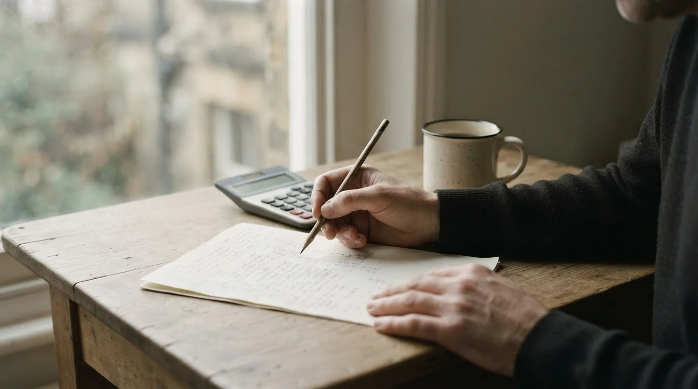 Manos calculando sobre papel con una taza de café al lado