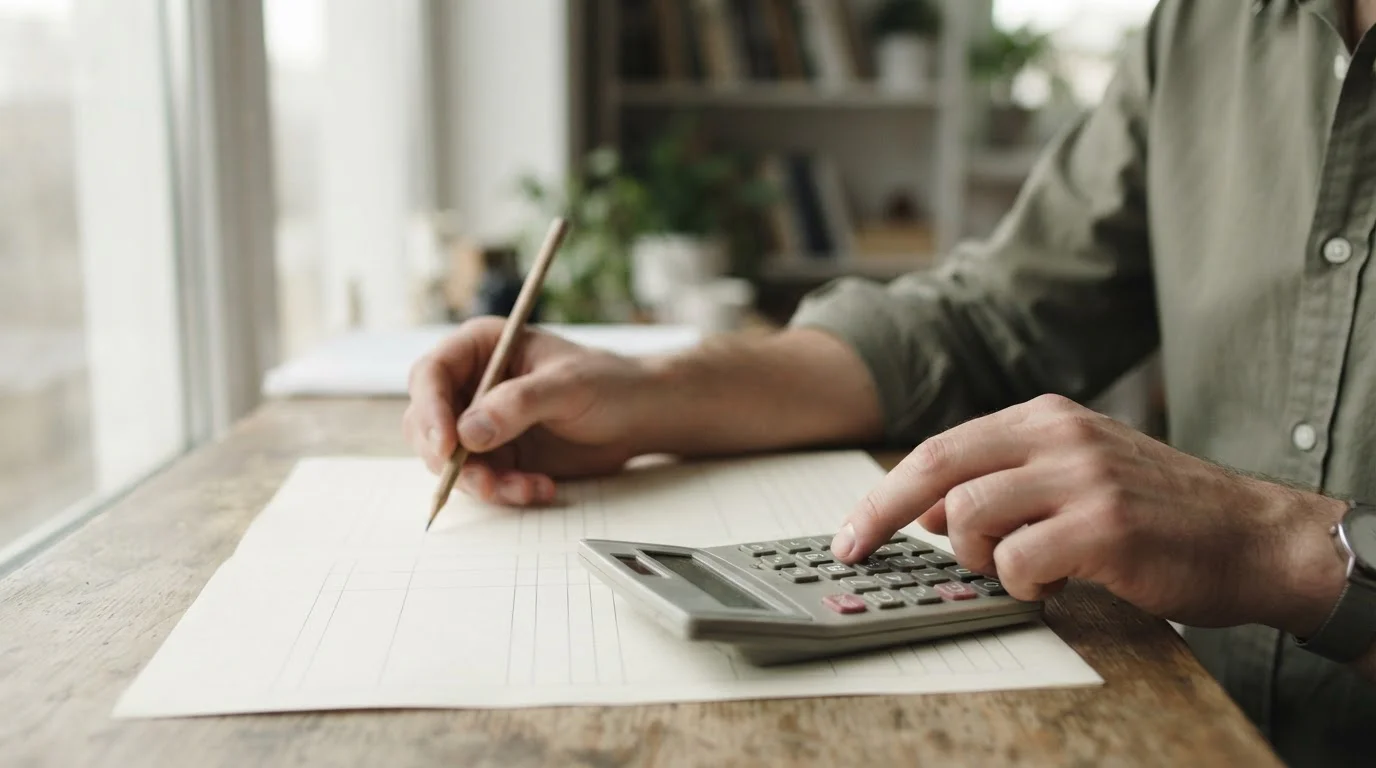 Manos con un lápiz sobre una calculadora junto a una hoja con columnas vacías