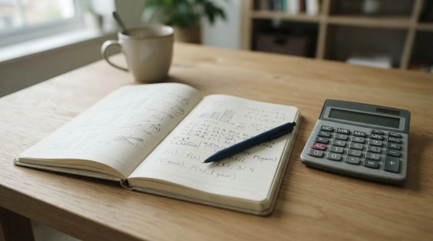 Cuaderno con cálculos a mano y una calculadora sobre una mesa de madera clara