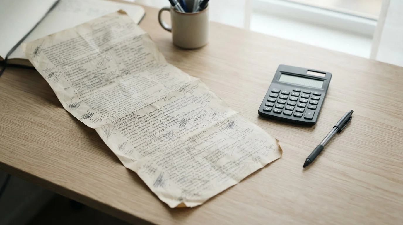 Hoja de condiciones desplegada junto a una calculadora y un bolígrafo