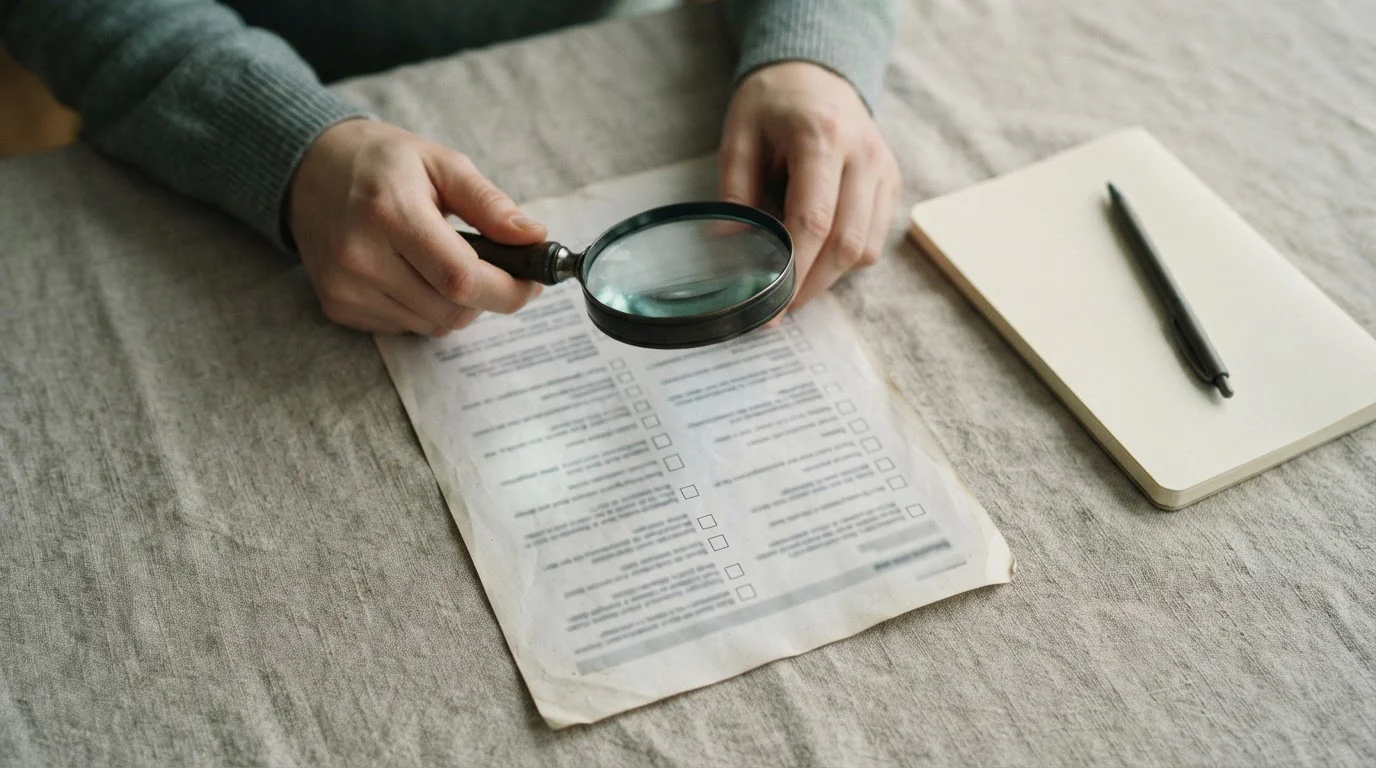 Manos revisando con lupa un documento con condiciones impresas