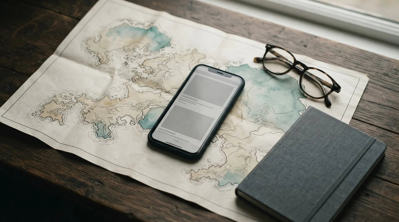 Móvil sobre un mapa impreso mostrando una interfaz neutra sin identificar