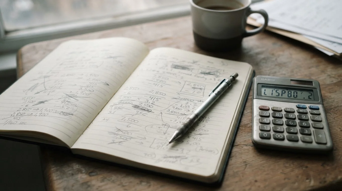 Cuaderno con anotaciones a mano y una calculadora para descontar condiciones del bono