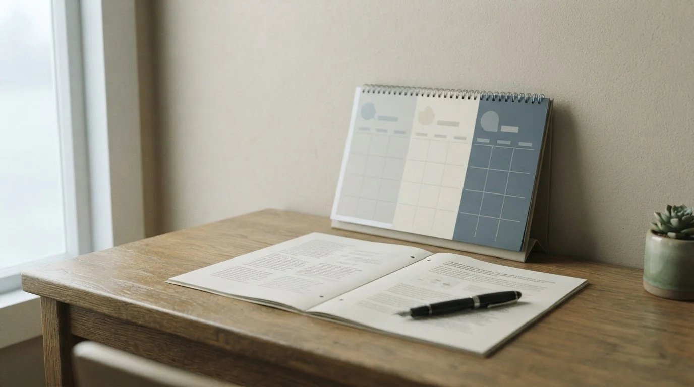 Calendario de pared abierto junto a un documento impreso sobre una mesa