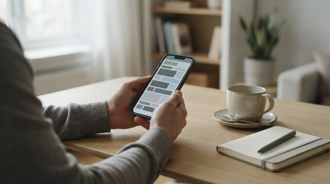 Persona usando un iPhone junto a una taza de café sobre una mesa de madera clara