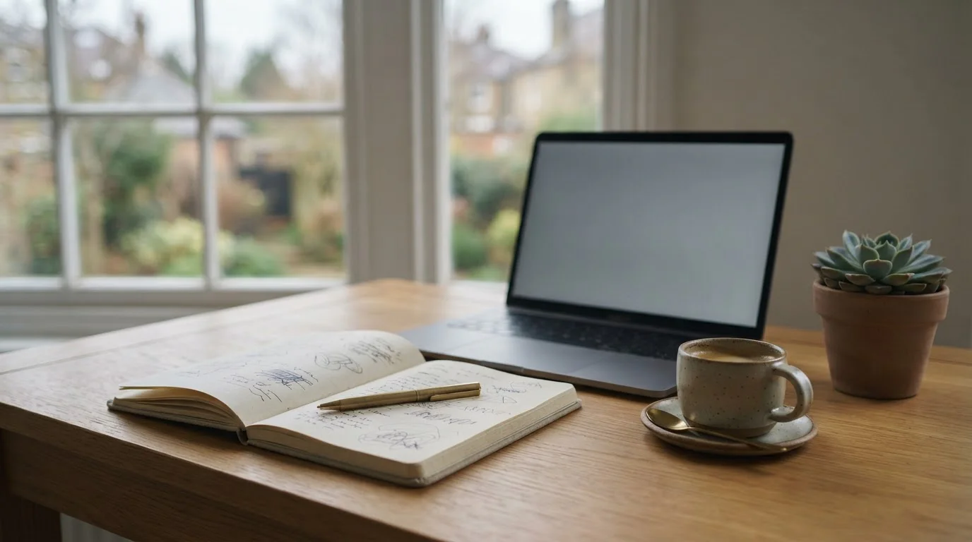 Mesa de trabajo con cuaderno y portátil que ilustra el análisis de casas de apuestas con AstroPay en España