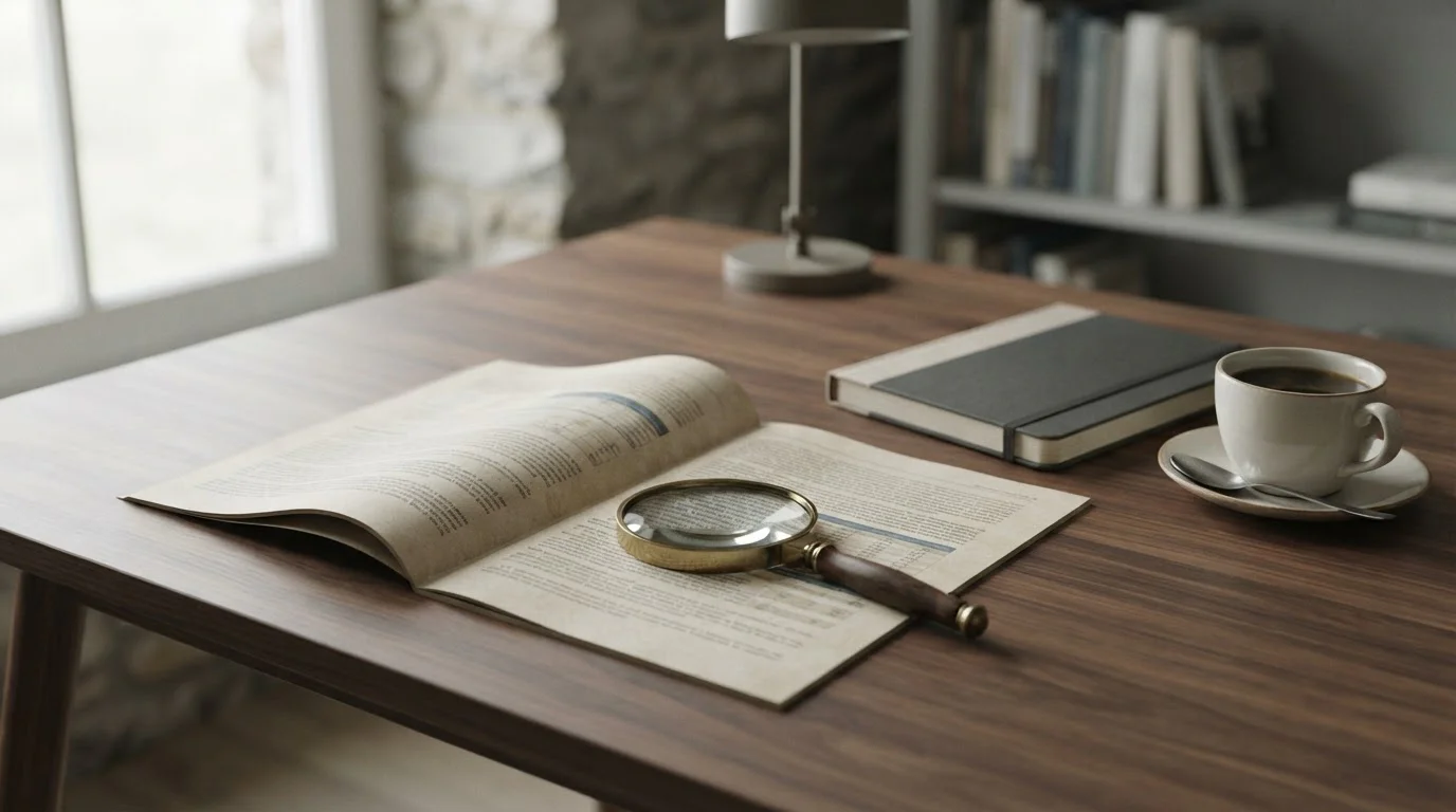 Escritorio con documentos regulatorios y lupa sobre la letra pequeña de una licencia