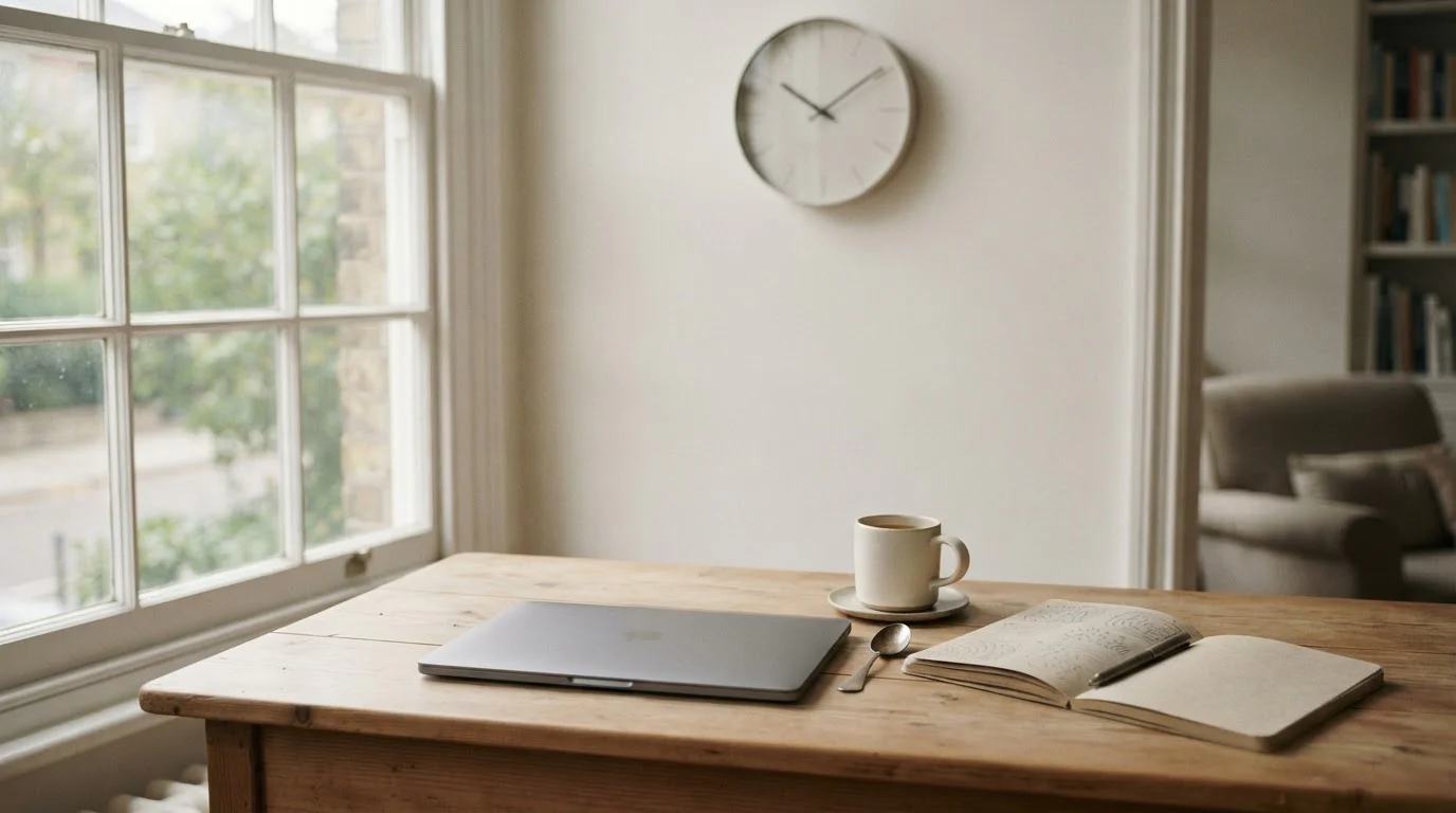 Escritorio sereno con reloj analógico y portátil que sugiere el tiempo real de una retirada