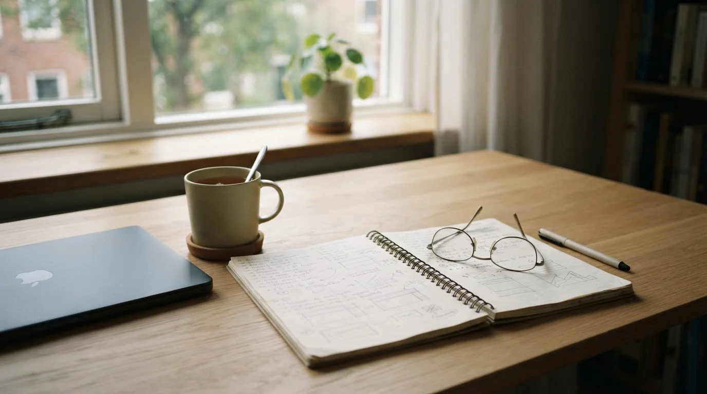 Escritorio sobrio con cuaderno y taza, análisis de bonos de bienvenida sin depósito