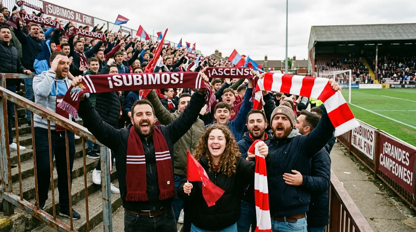 Aficionados celebrando el ascenso de su equipo a la Premier League con banderas y cánticos