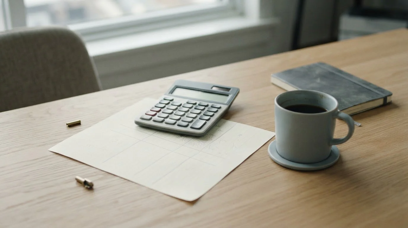 Calculadora y hoja con columnas en blanco junto a una taza en un escritorio tranquilo