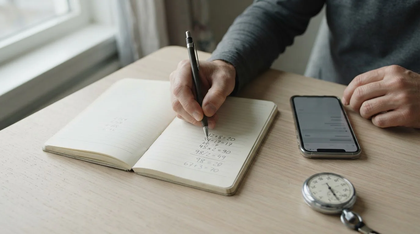 Manos anotando cálculos en una libreta junto a un smartphone con pantalla neutra