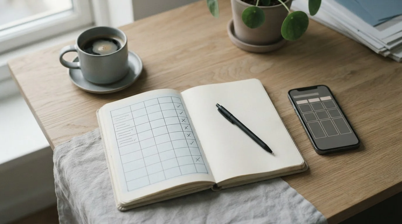 Vista cenital de un cuaderno con una tabla comparativa dibujada a mano junto a un móvil