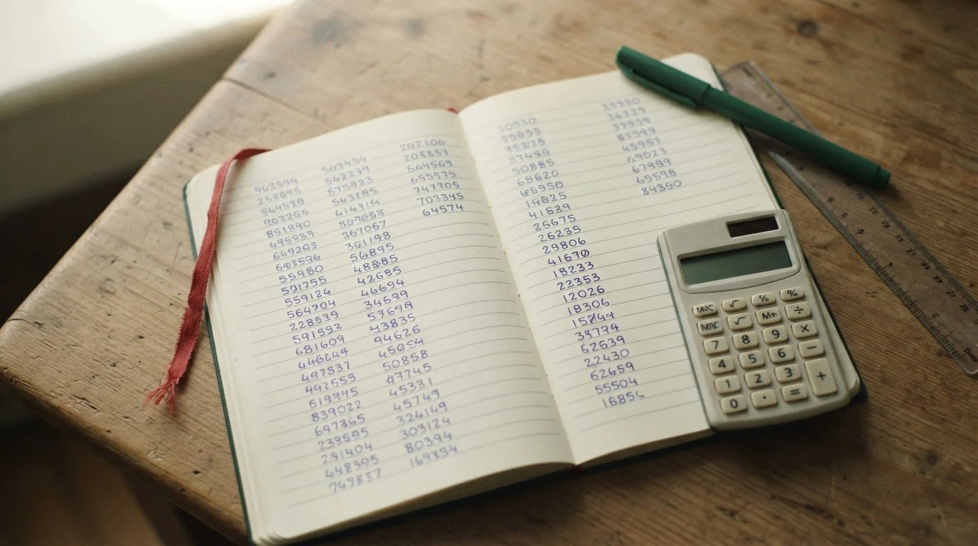 Cuaderno con columnas de números escritos a mano y calculadora sobre mesa de madera