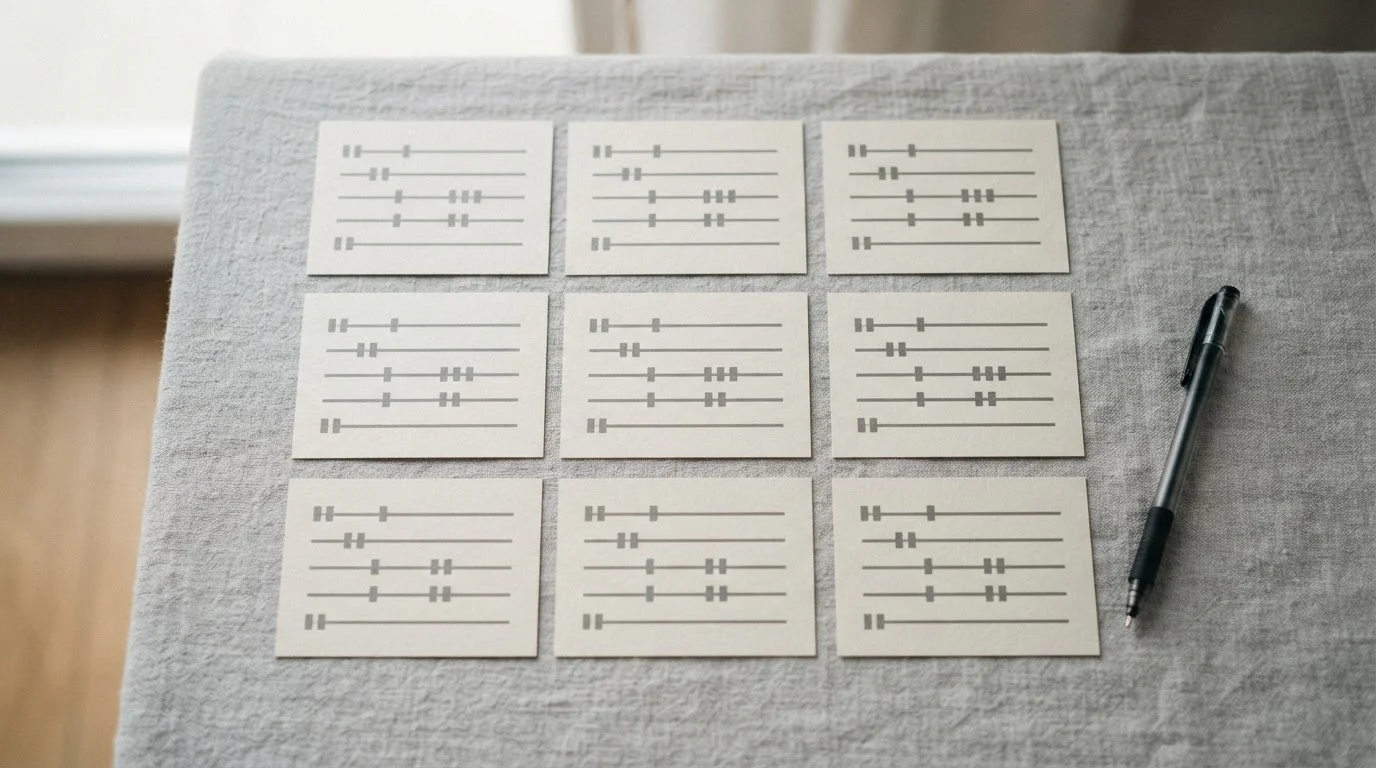 Nueve fichas de papel alineadas sobre una mesa, cada una con datos abstractos
