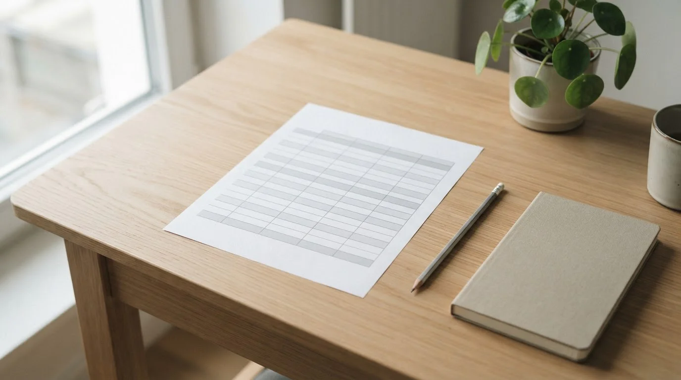 Mesa de trabajo con una tabla comparativa neutra impresa en papel