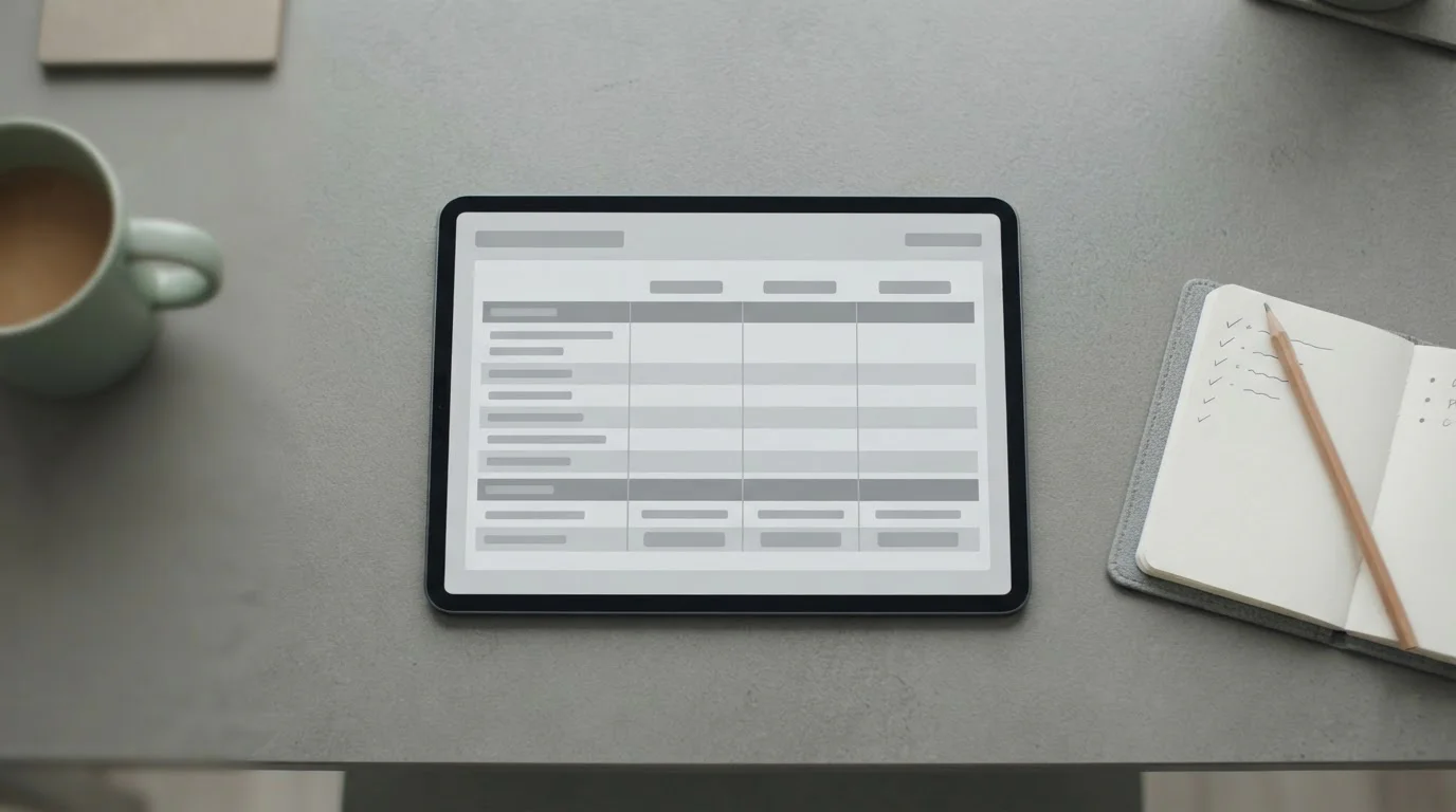 Tablet mostrando una tabla comparativa neutra con filas y columnas abstractas