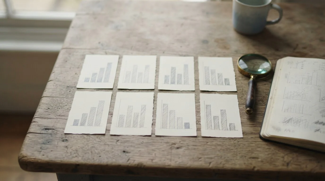 Comparativa visual de operadores sobre una mesa con fichas de papel y notas