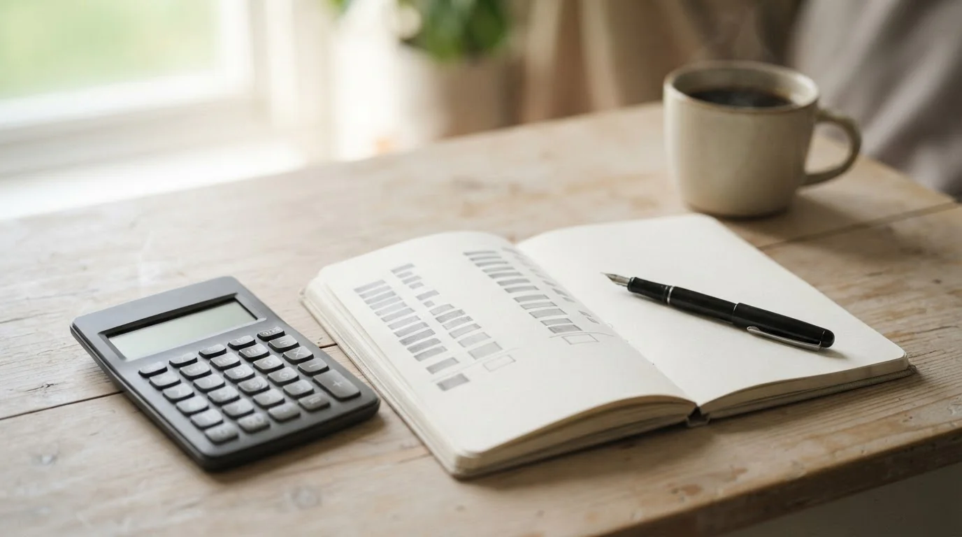 Calculadora, cuaderno con columnas grises y bolígrafo sobre una mesa clara