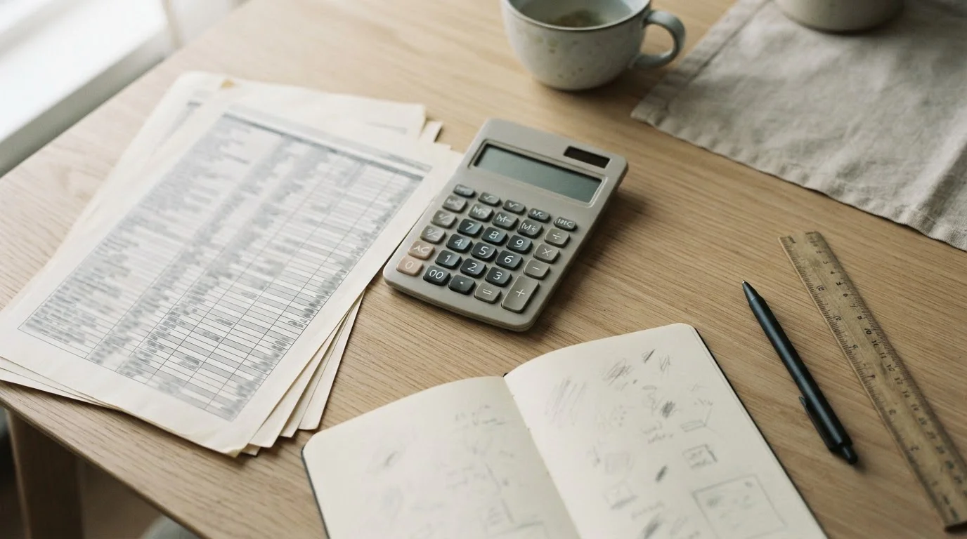 Escritorio con calculadora, hojas de cálculo impresas y un cuaderno con anotaciones de proyecciones