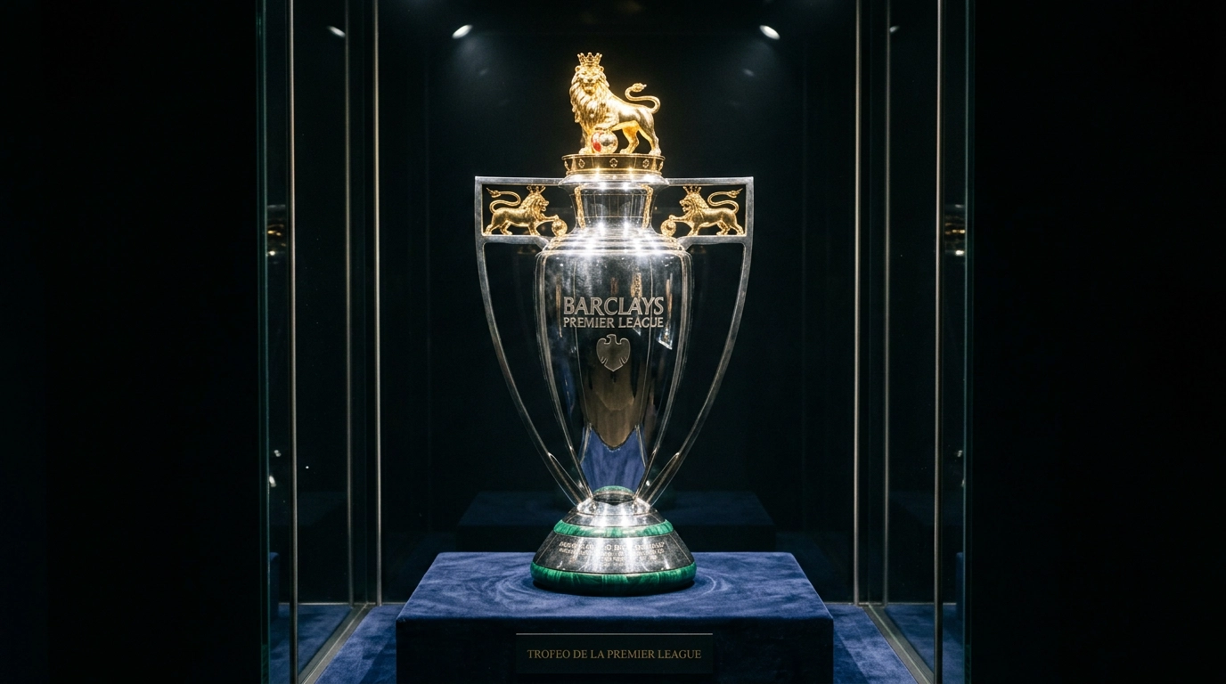 Trofeo de la Premier League exhibido en una vitrina de cristal con iluminación dramática