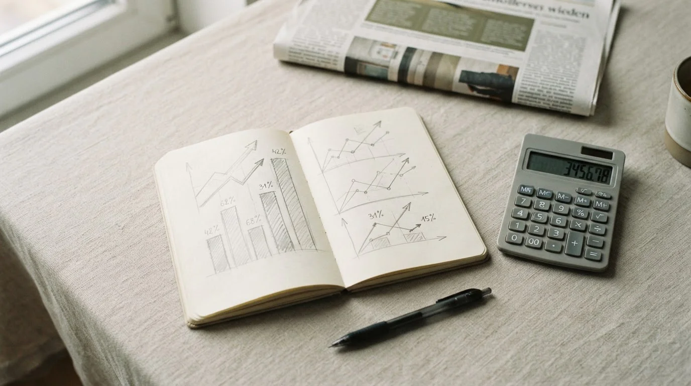 Cuaderno con anotaciones analíticas junto a una calculadora sencilla