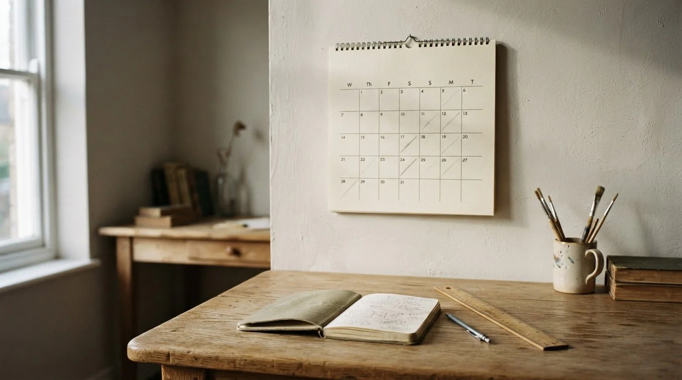 Calendario de pared con meses marcados y una libreta al lado