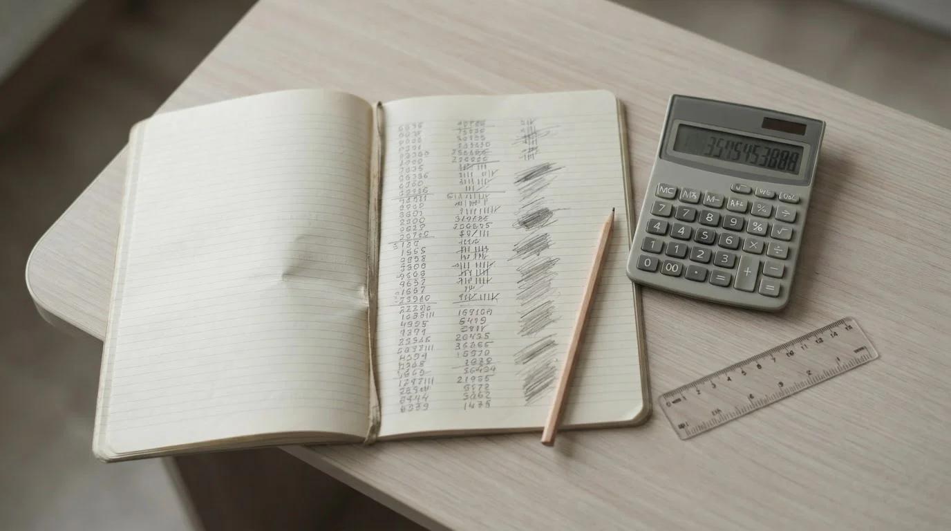 Calculadora y cuaderno con columnas numéricas sobre una mesa clara