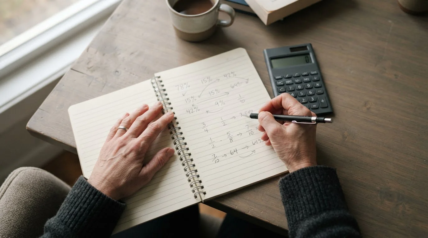 Manos anotando cálculos en un cuaderno junto a una calculadora