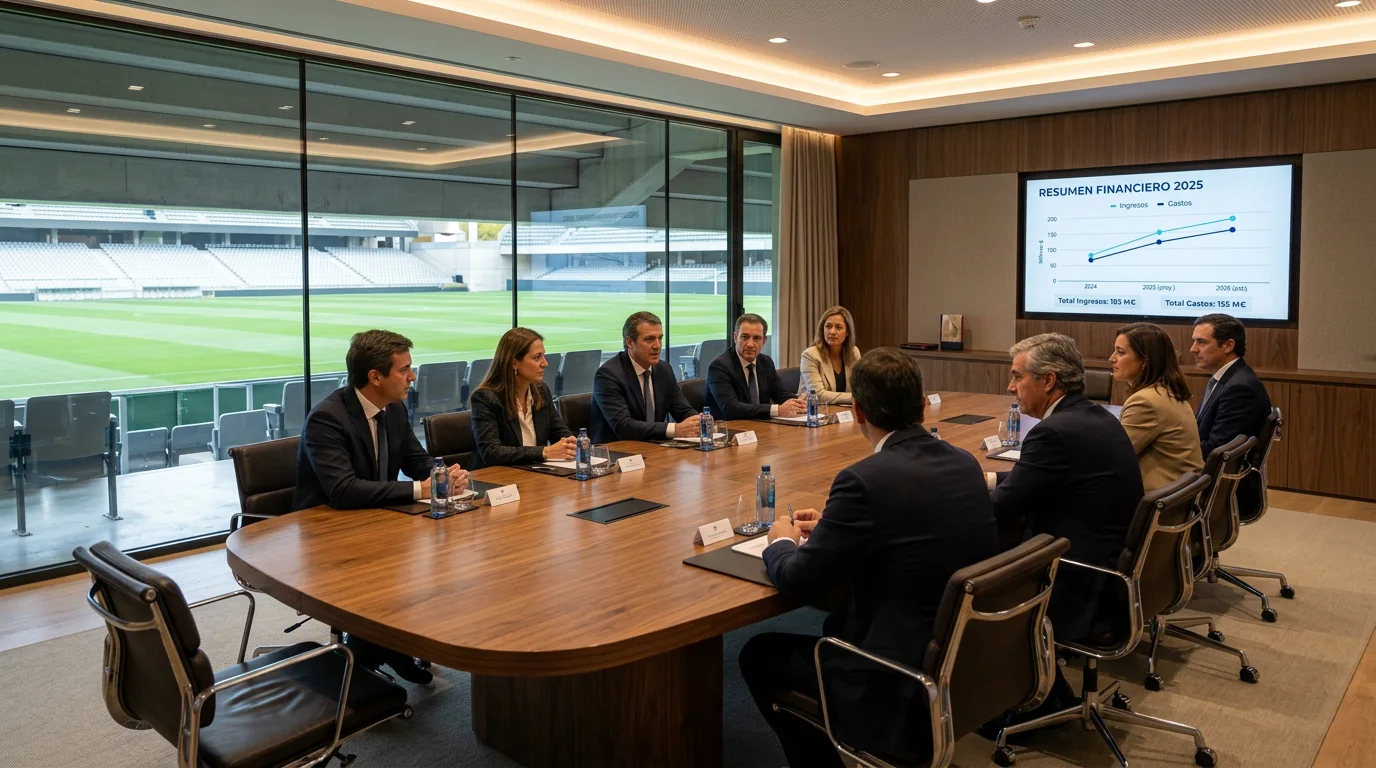 Sala de juntas moderna de un club de fútbol con vistas al estadio y pantallas de datos financieros