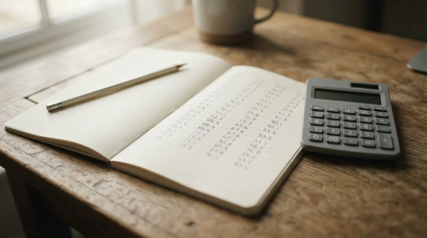 Cuaderno con cálculos manuscritos abstractos junto a una calculadora sencilla sobre superficie clara