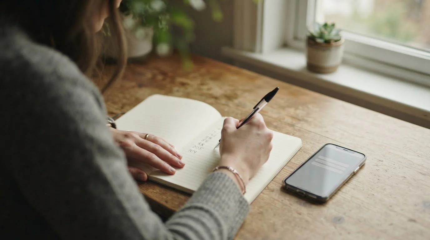 Manos escribiendo cifras en una libreta junto a un móvil con interfaz vacía