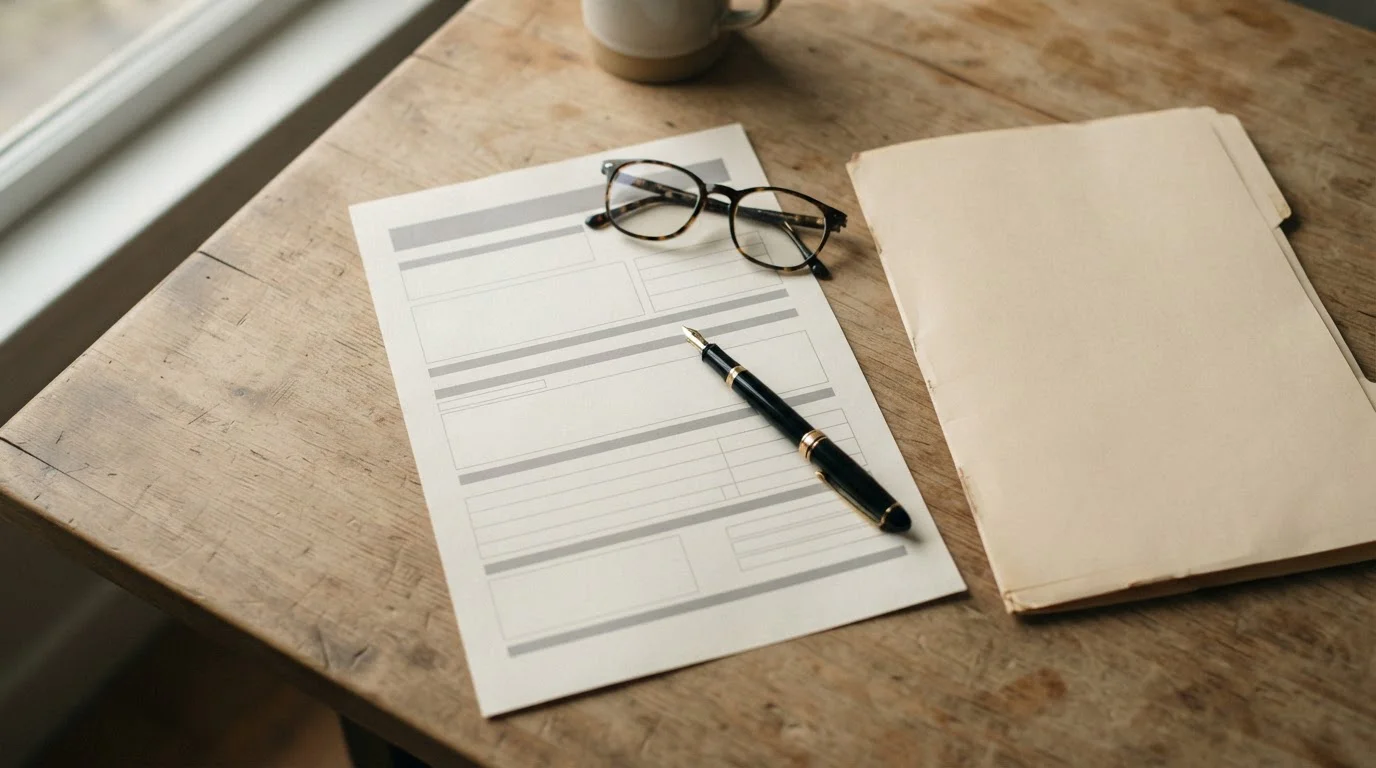Formulario oficial en blanco sobre una mesa junto a una carpeta y unas gafas