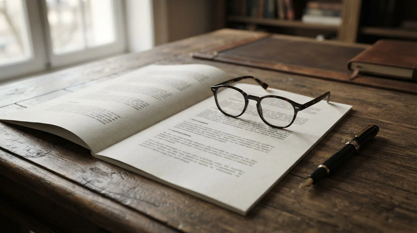 Documento legal abierto sobre un escritorio con gafas y bolígrafo