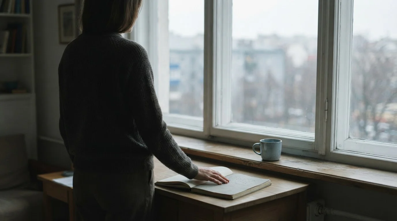 Silueta de una persona junto a una ventana ajustando un cuaderno con anotaciones