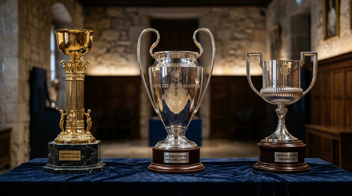 Trofeos de la Premier League, FA Cup y Champions League juntos representando un triplete histórico