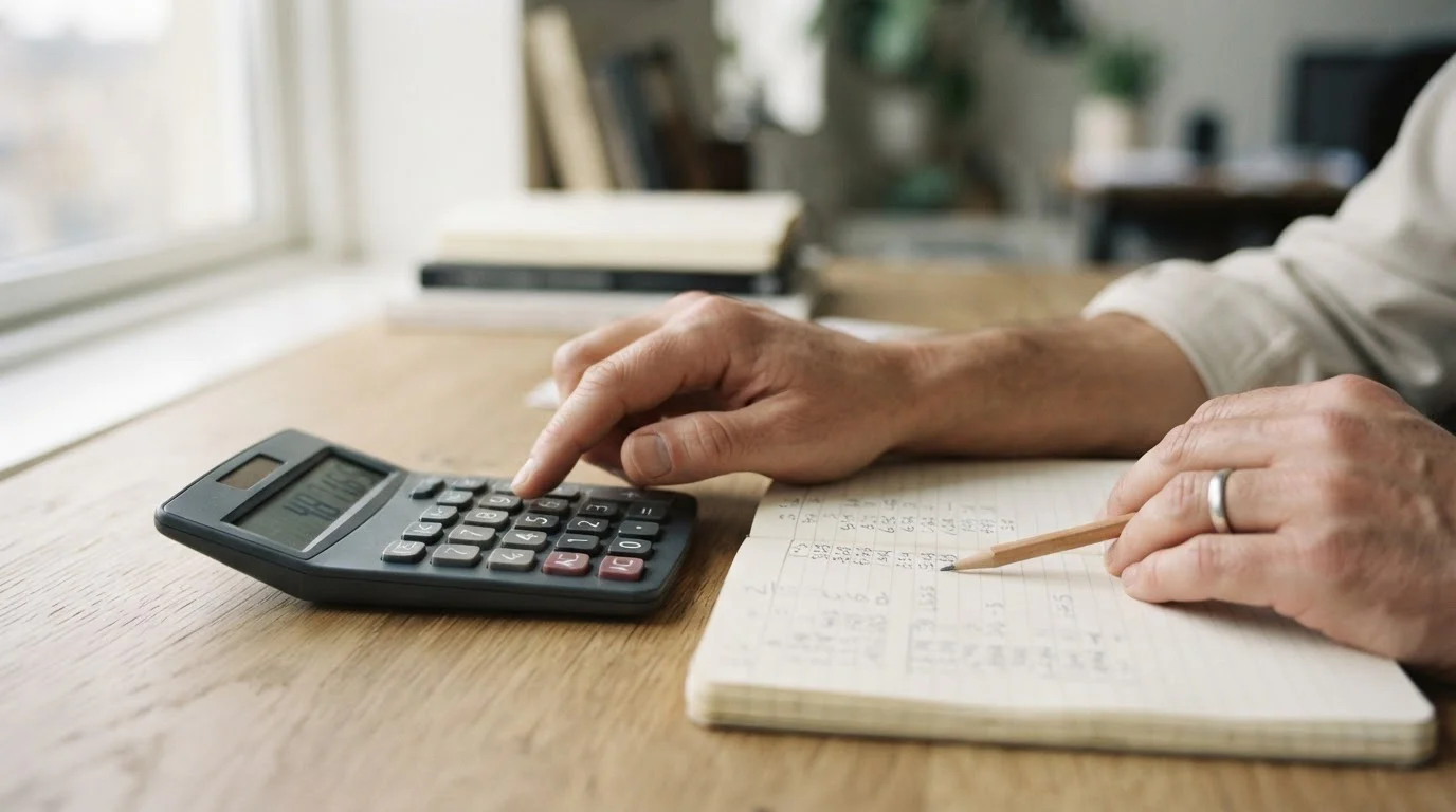 Manos usando una calculadora junto a un cuaderno con anotaciones