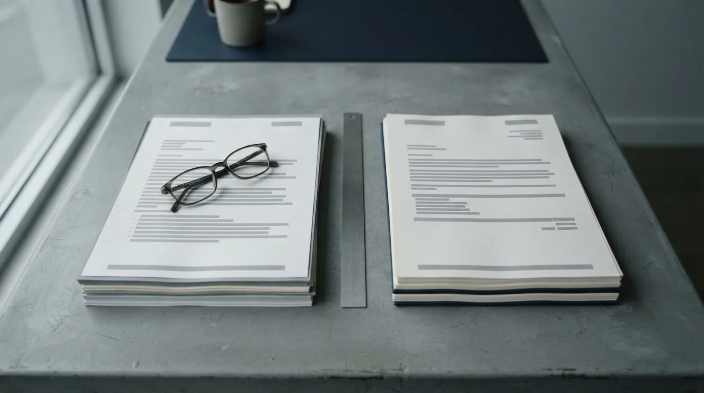 Dos documentos con encabezados en blanco separados por una fina línea sobre un escritorio